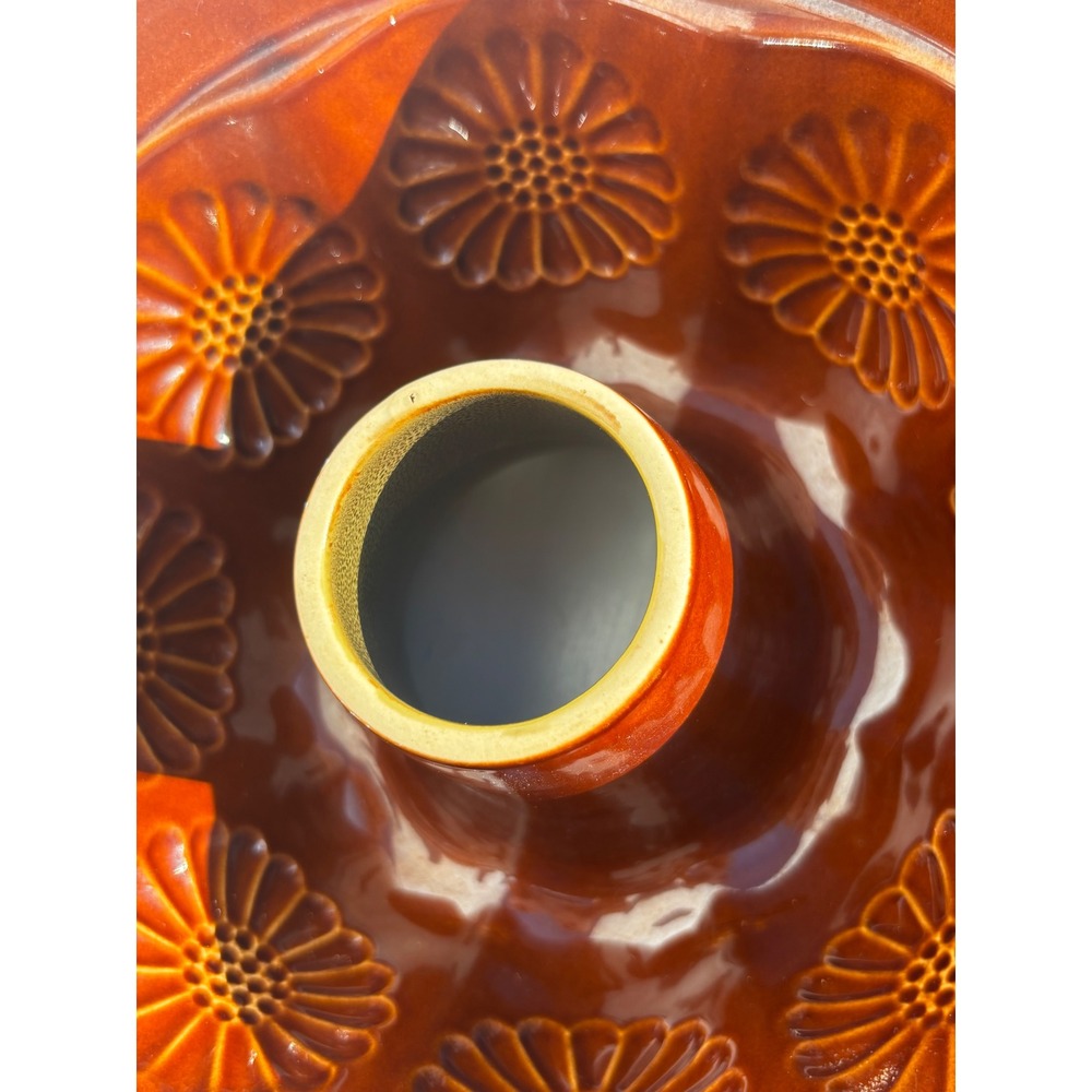 Vintage Ceramic Bundt Cake Pan Embossed Sunflower Glazed Stoneware Brown Green - Picture 7 of 10
